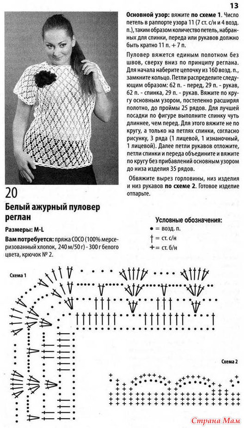 Ажурная кофта крючком рукав реглан сверху для женщин схемы